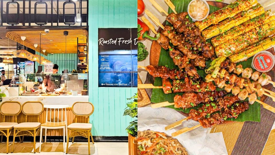 left: exterior view of lasa bbq; right: bestselling grilled dishes from lasa bbq